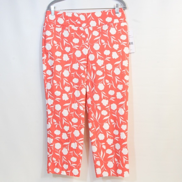 Cooper and Ella Hot Coral Peony Lux Super Stretch Allover Floral Print Crop Pant - Picture 1 of 6